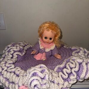 Vintage Purple and White Doll with Crochet Dress